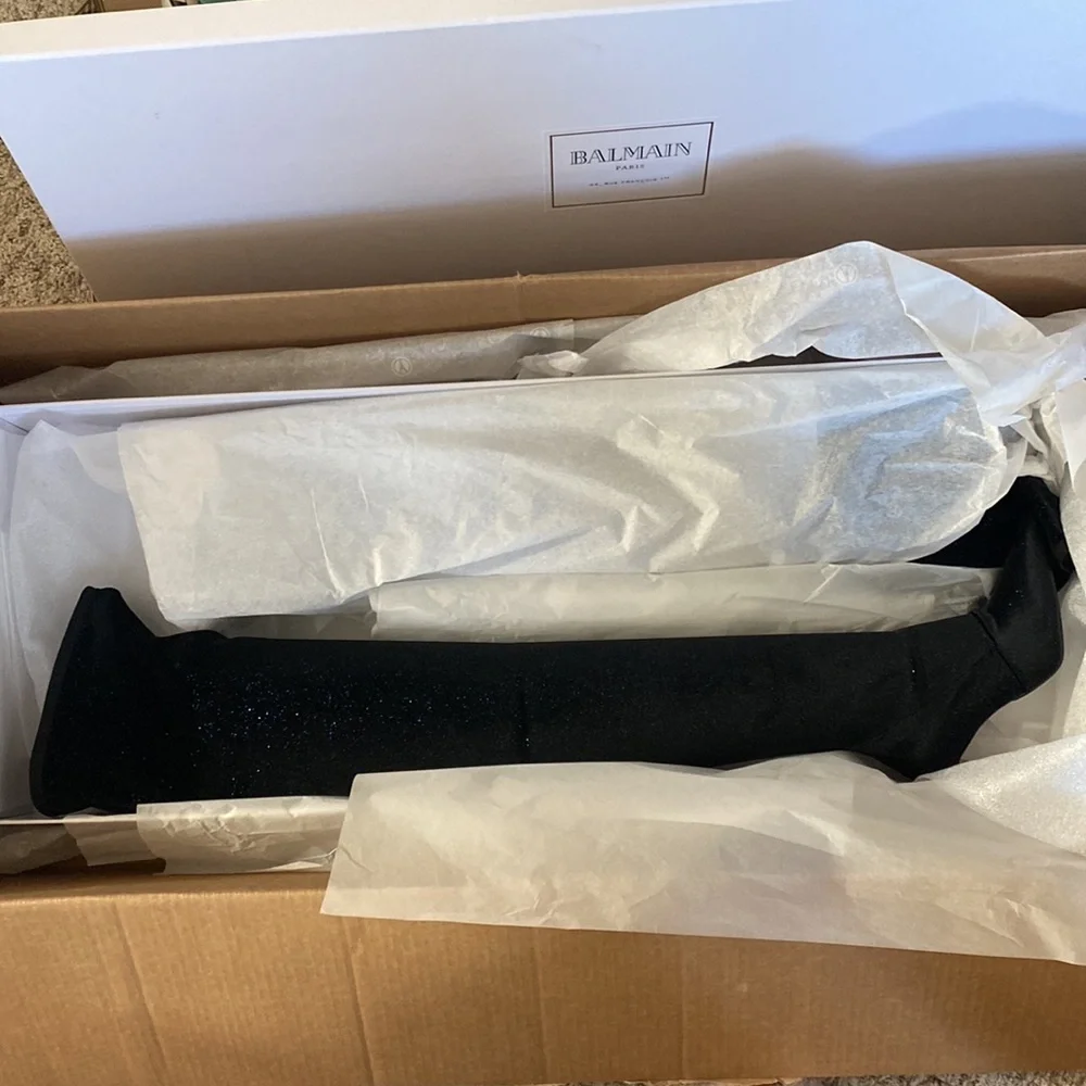 NEW BALMAIN AMAZONE Tall Thigh High Black Velvet Leather Boots EU 39.5